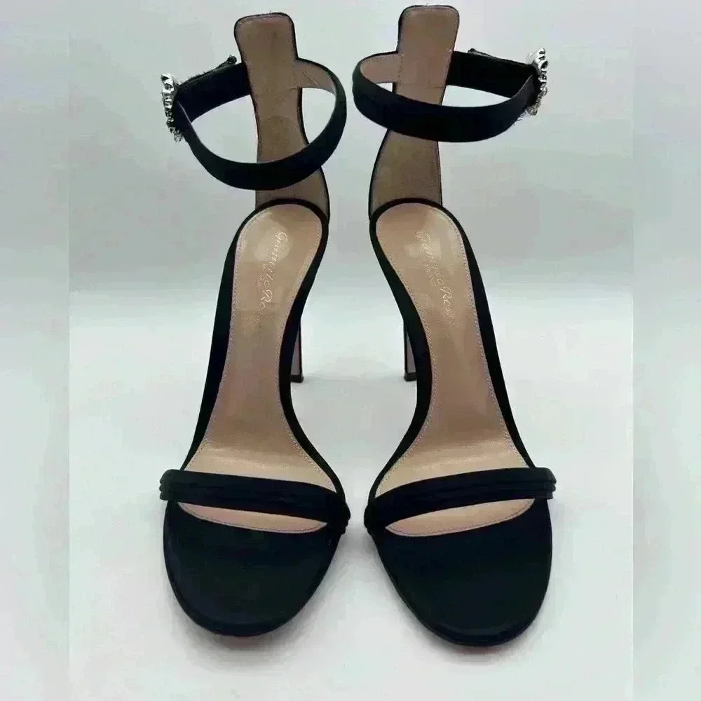 GIANVITO ROSSI Ava Crystal Embellished Satin Sandals Heels Black Size 37 - Picture 4 of 14